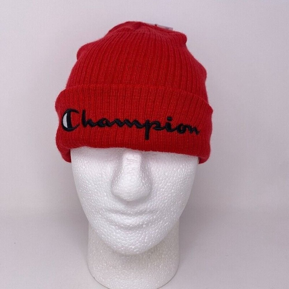 Champion Beanie Winter Hat Red Logo Script Spellout Hip Hop‎ Streetwear